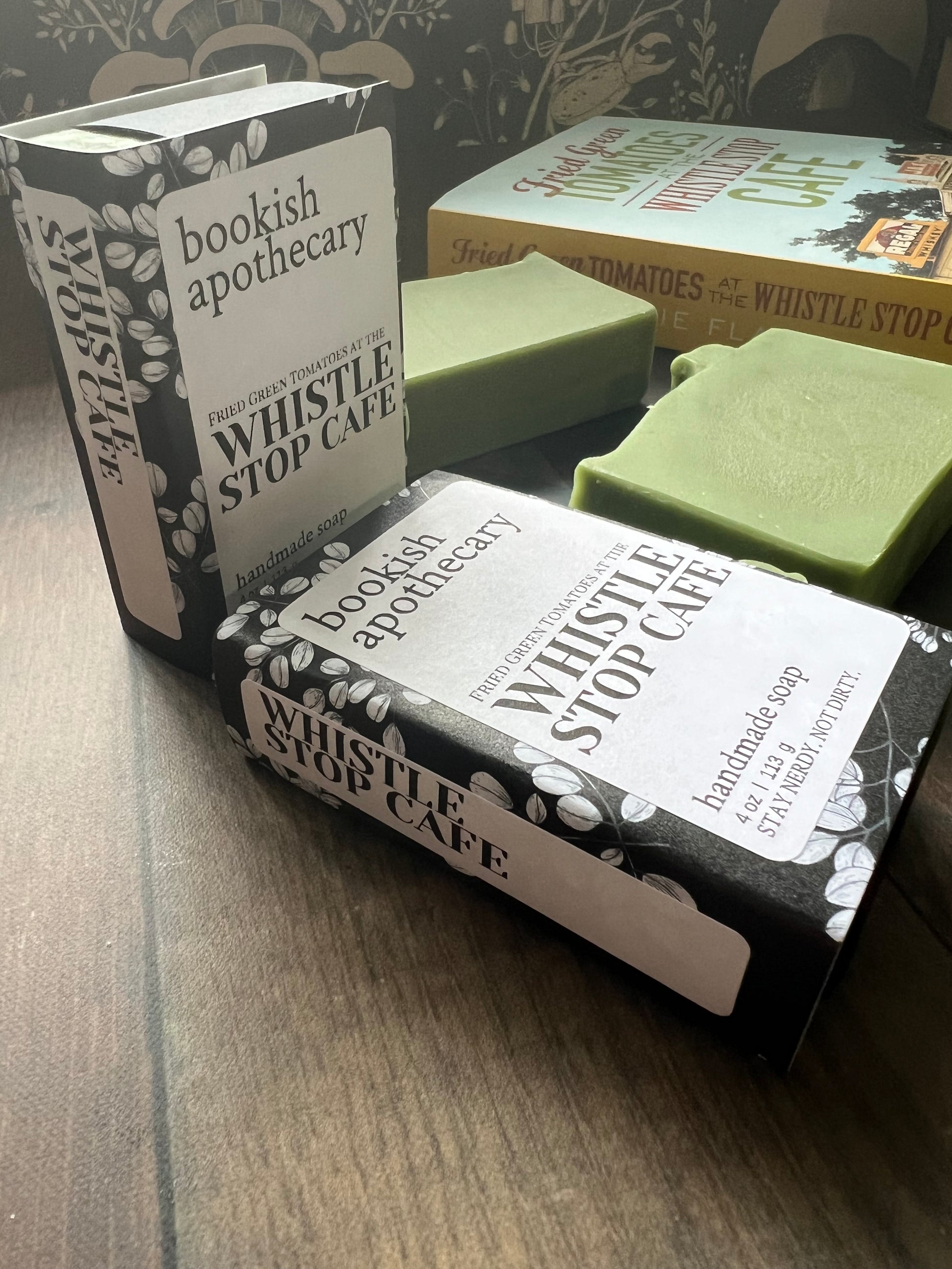 green bars of soap with bookish apothecary branding