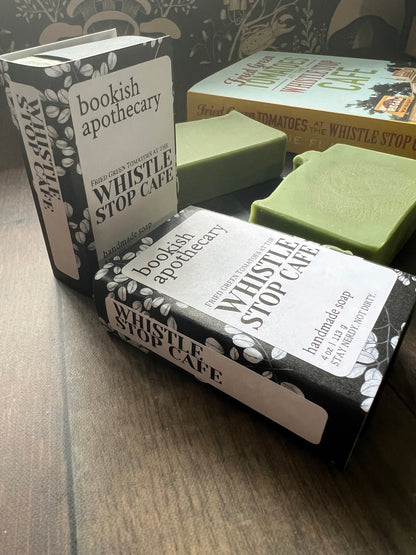 green bars of soap with bookish apothecary branding