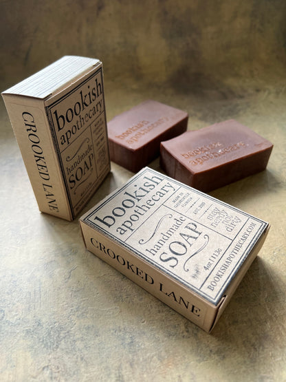 Two handmade soap bars in brown paper packaging with vintage-style book covers, labeled 'Bookish Apothecary Soap' and 'Crooked Lane,' arranged on a textured beige surface.
