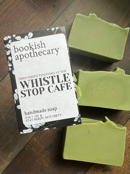 green bars of soap with bookish apothecary branding