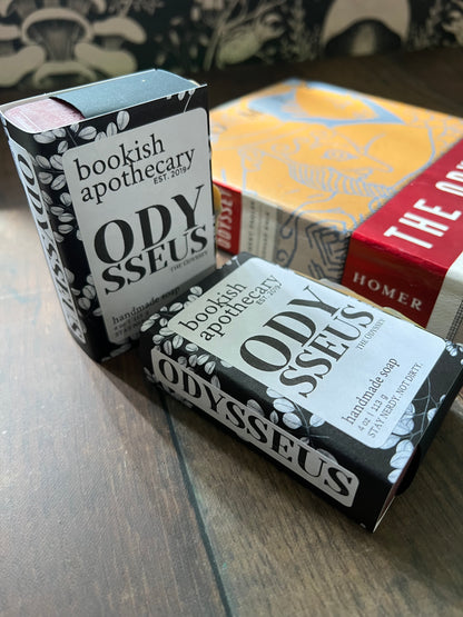 two packaged bars of bookish apothecary soaps