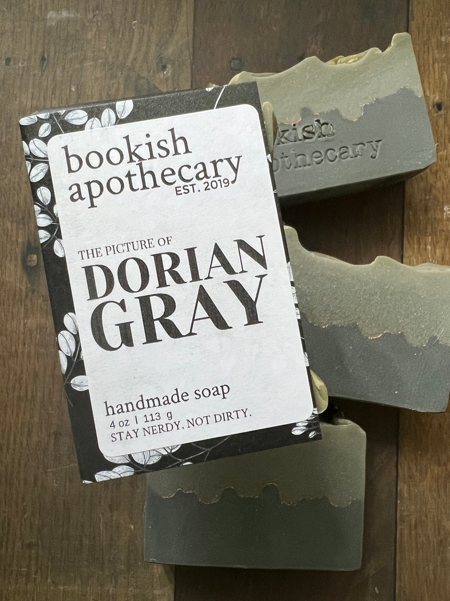 Soap from 'bookish apothecary' on a wooden surface