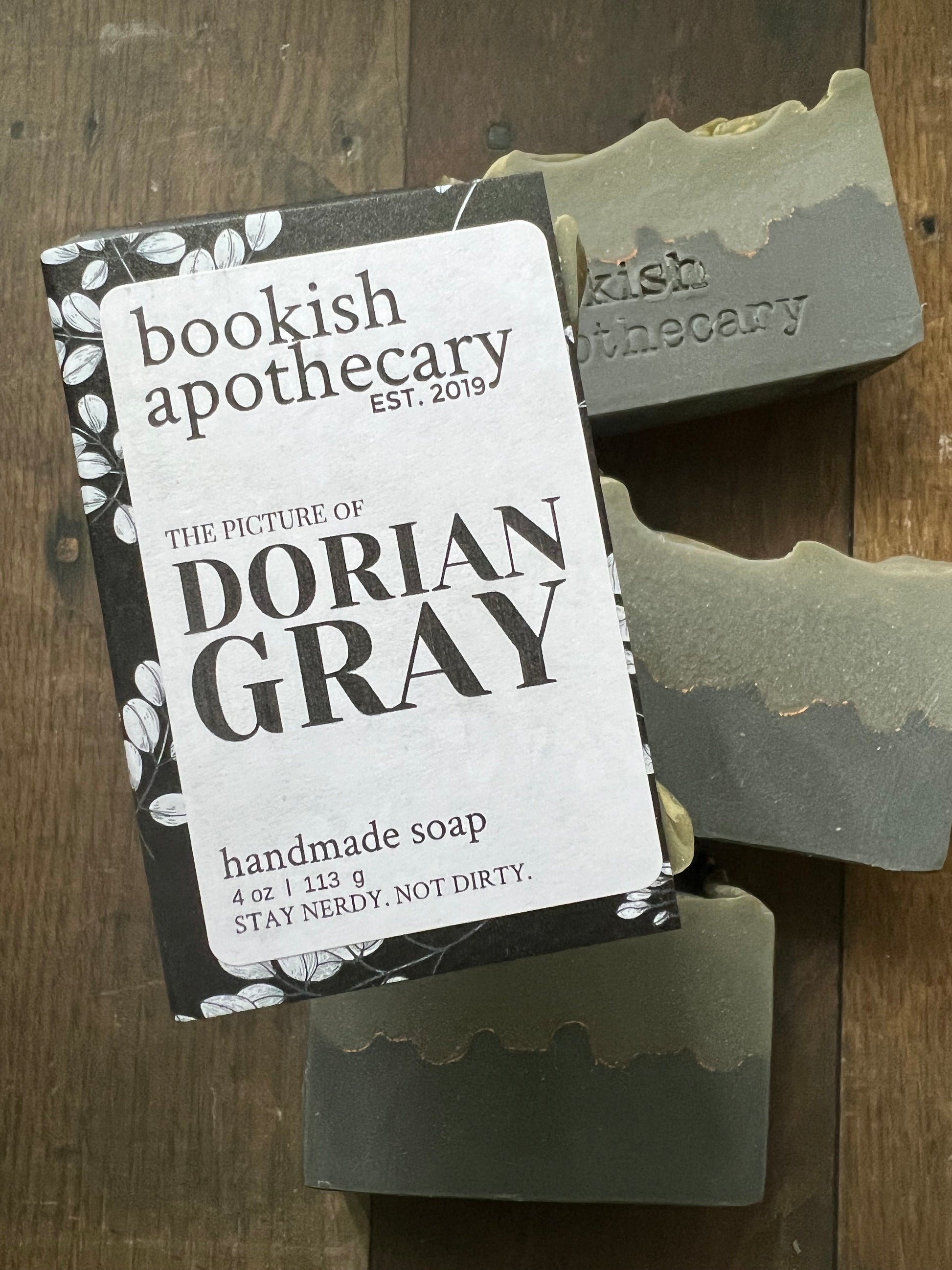 Soap from 'bookish apothecary' on a wooden surface