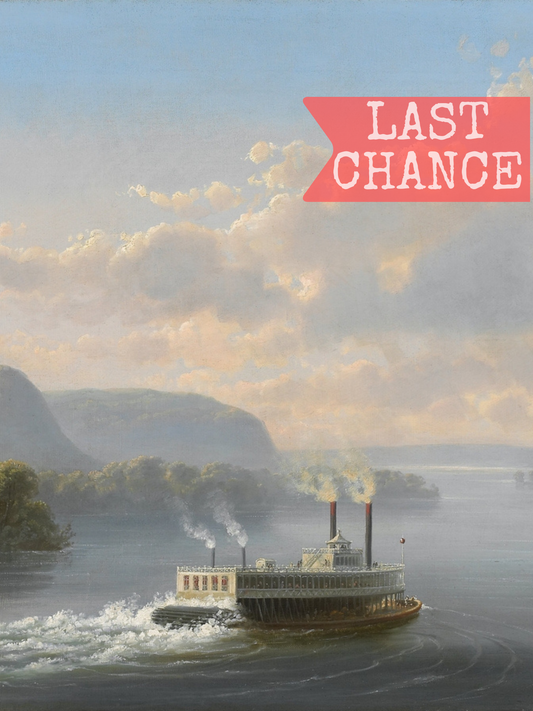 Vintage-style painting of a steamboat on a river with 'Last Chance' text overlay.
