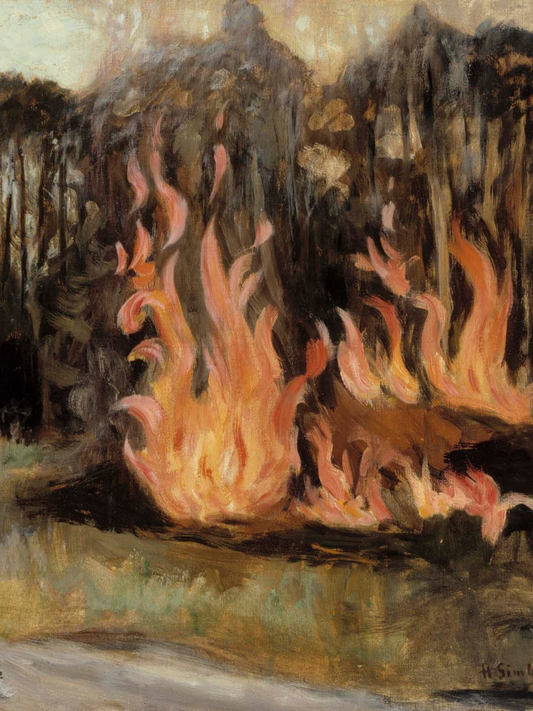 Painting of flames burning through a forest