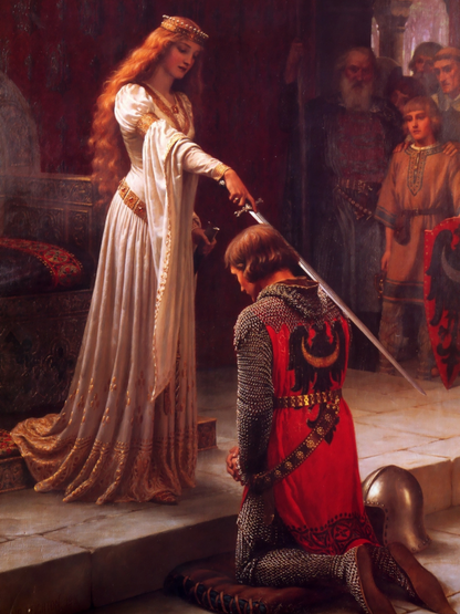 Painting of a woman in a white gown holding a sword over a kneeling man in armor, with other figures in the background.