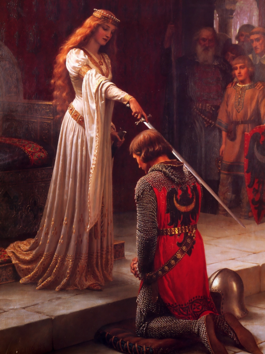 Painting of a woman in a white gown holding a sword over a kneeling man in armor, with other figures in the background.