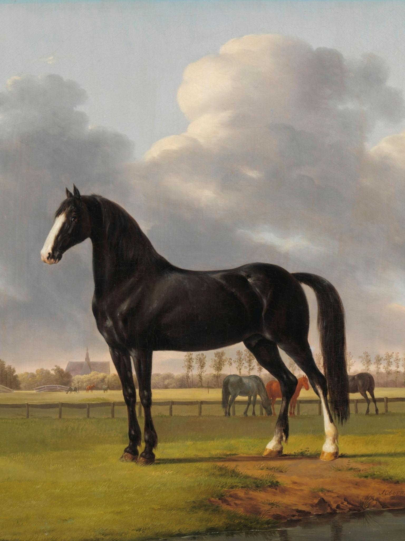 Painting of a black horse standing in a field with other horses and a cloudy sky.