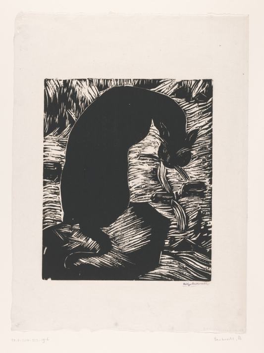 Black and white linocut print of a cat sitting on a textured surface