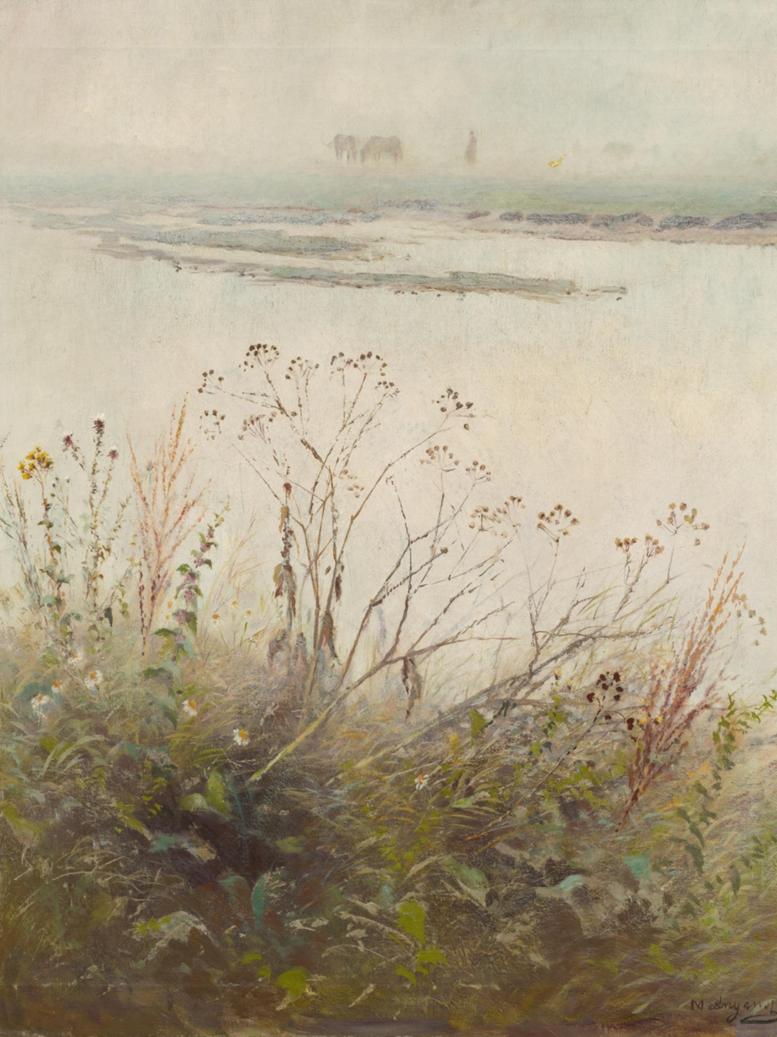 Scenic landscape with grass, flowers, and a distant view of water and sky.