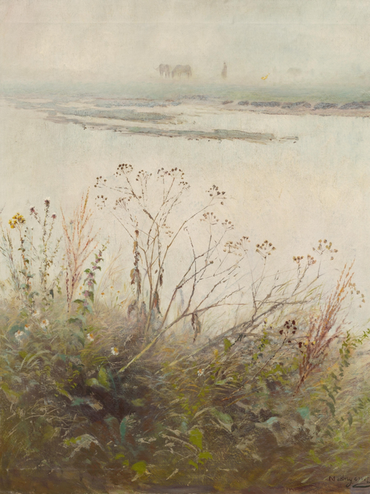 Scenic landscape with grass, flowers, and a distant view of water and sky.