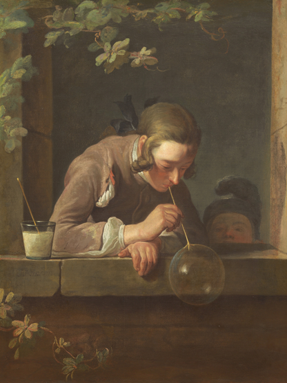 Painting of a young boy blowing bubbles with a cat in the background