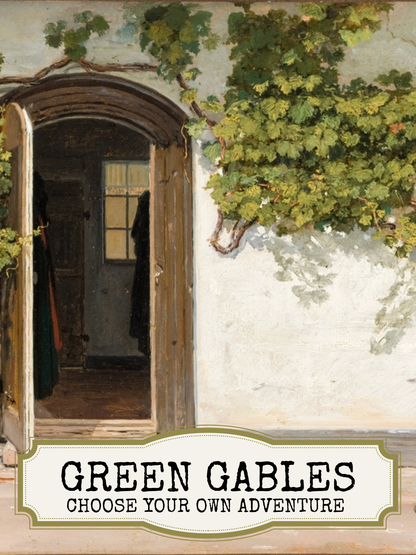 Cover of 'Green Gables' book with door opening to a room and tree, featuring text 'Choose Your Own Adventure'.