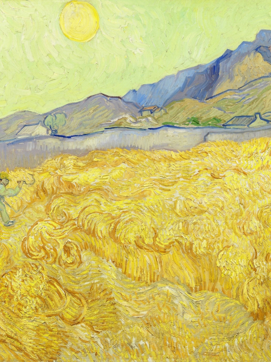 Painting of a wheat field with a bright sun and mountains in the background