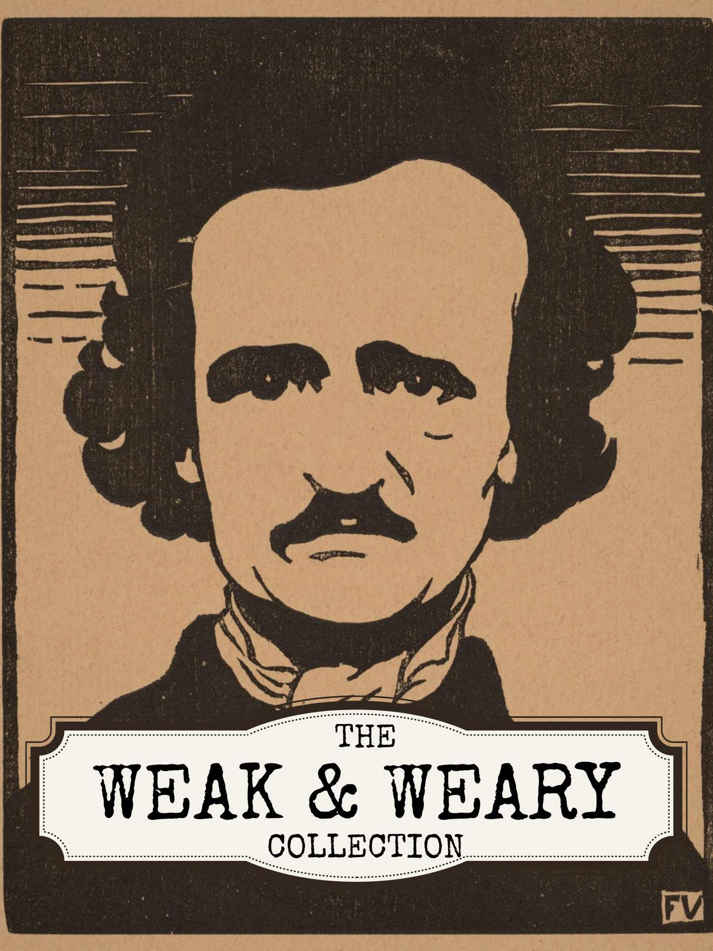 Illustration of a man's face with 'The Weak & Weary Collection' text on a brown background