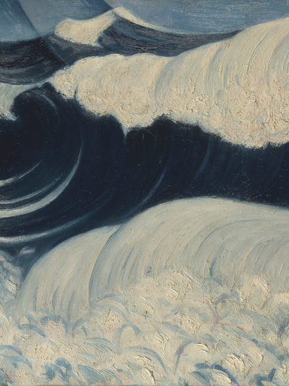 Artistic depiction of wavy patterns in blue and beige tones