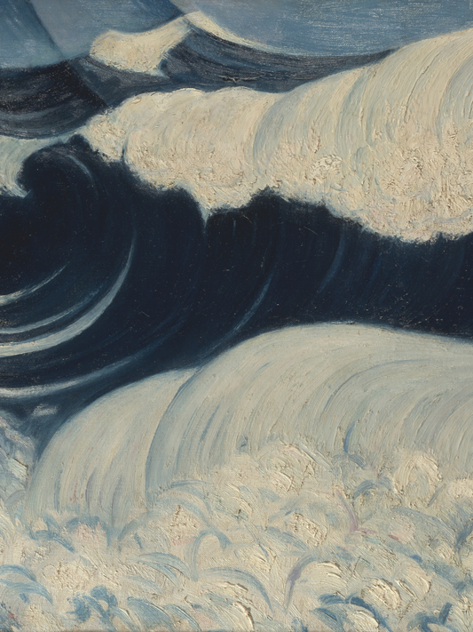 Artistic depiction of wavy patterns in blue and beige tones