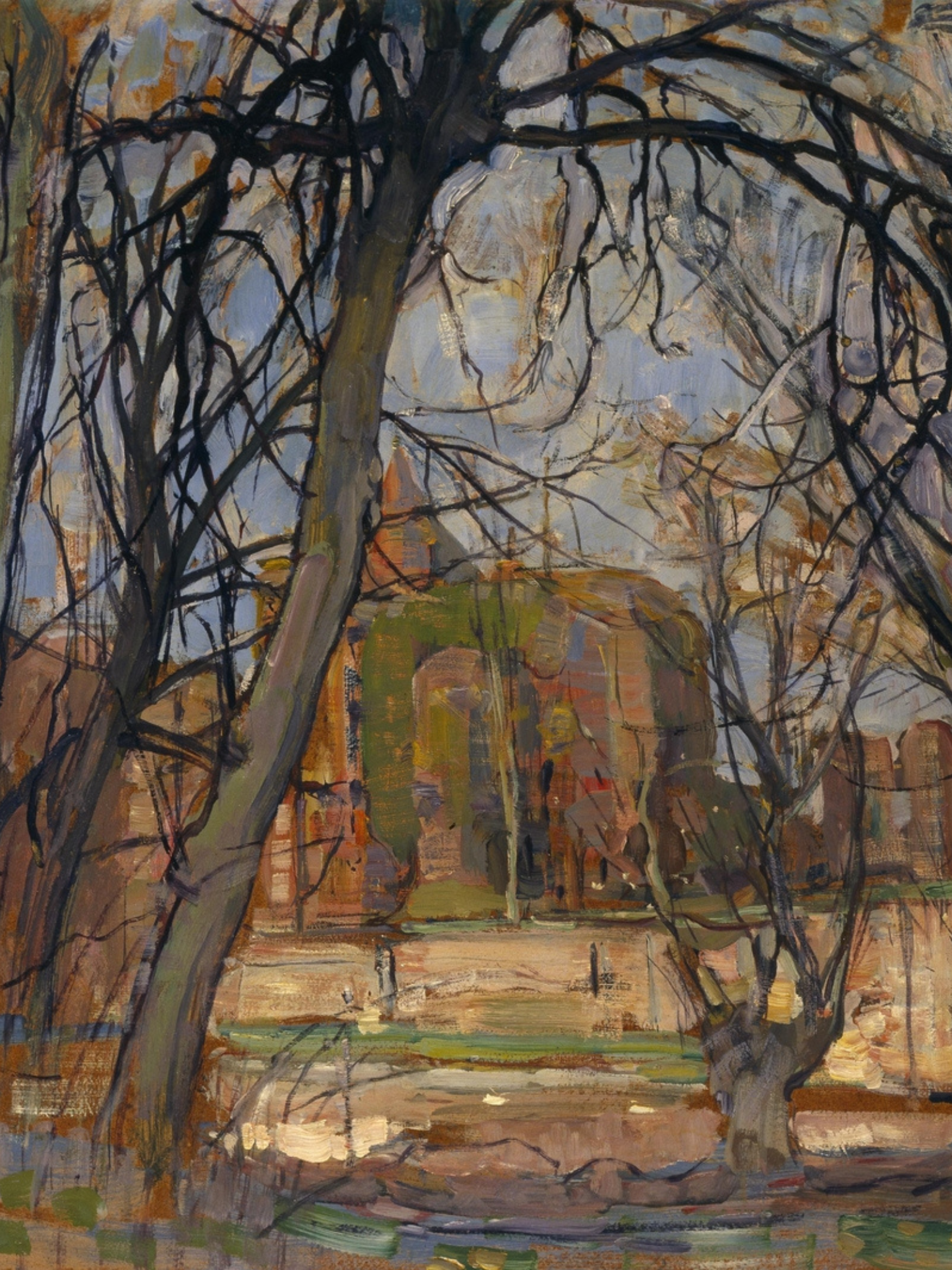 Painting of an old house with bare trees in the foreground