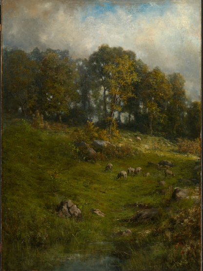 Landscape painting of a pastoral scene with trees, grass, and animals.