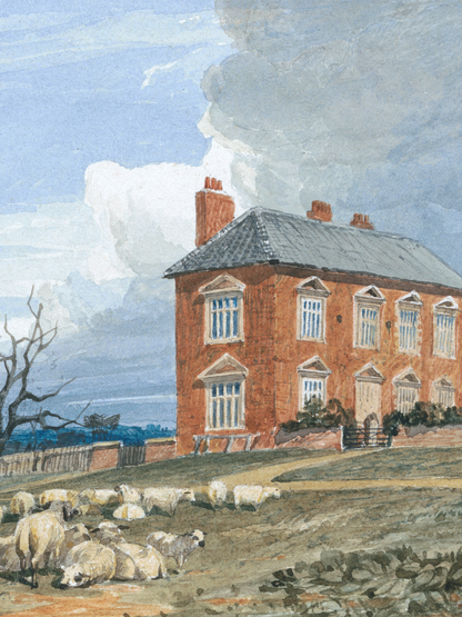 Painting of a red brick house with sheep in front, under a blue sky with clouds.