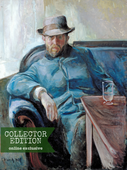 Painting of a man in a blue outfit sitting on a couch with a glass of water, labeled 'Collector Edition'.