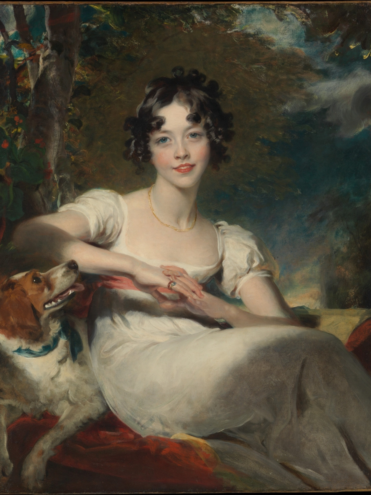 Portrait of a woman in a white dress with a dog, set against a scenic background