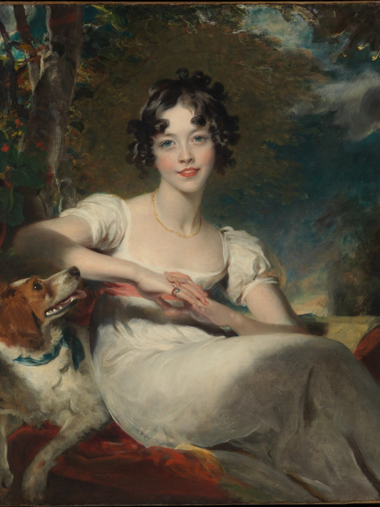 Portrait of a woman in a white dress with a dog, set against a scenic background