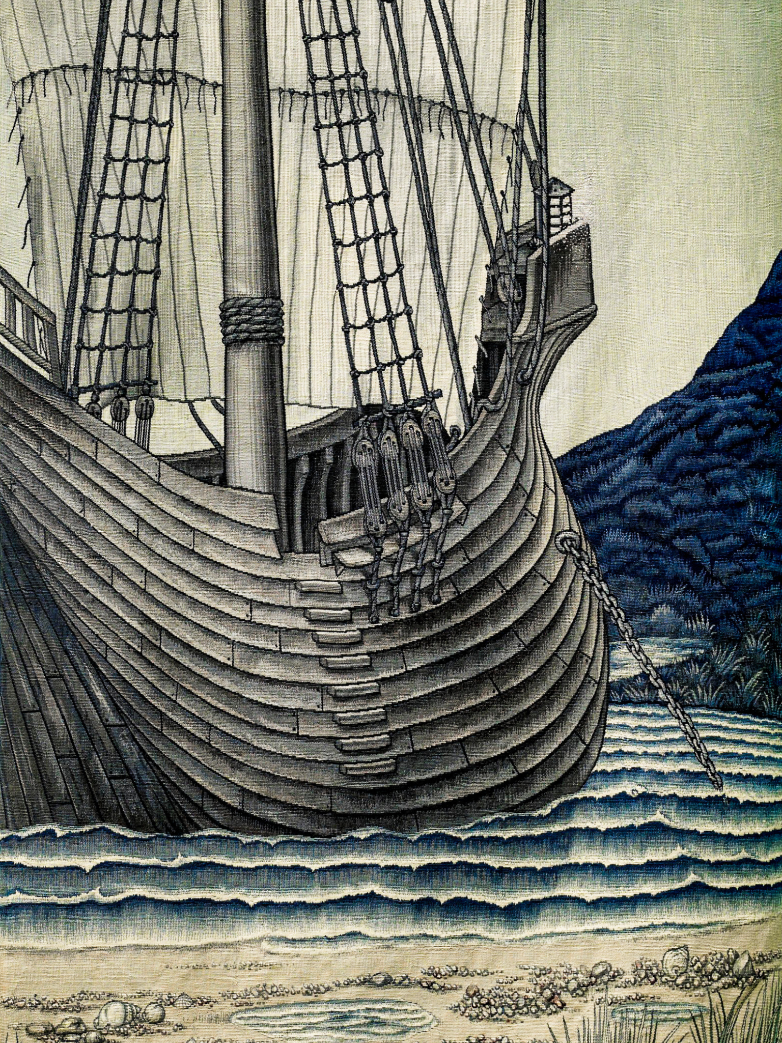 Vintage-style illustration of a ship on water with a mountainous background