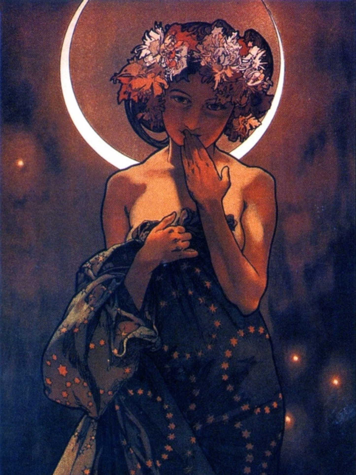 Artistic depiction of a woman with floral headpiece against a celestial background