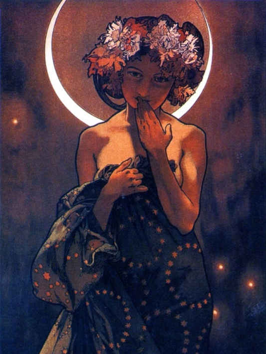 Artistic depiction of a woman with floral headpiece against a celestial background