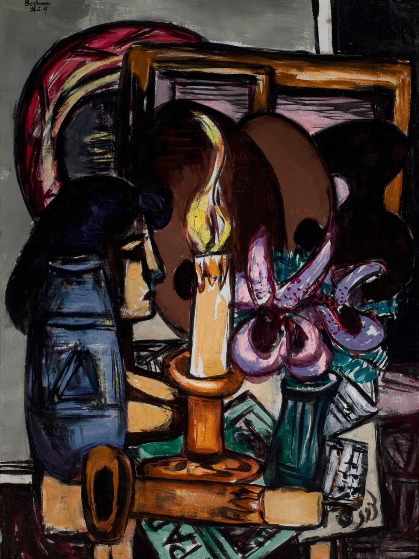 Abstract artwork with a candle and floral elements on a dark background