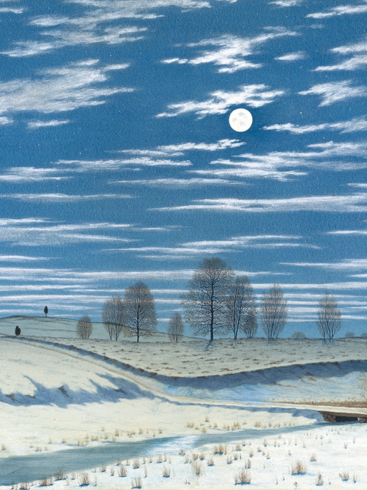 Snowy landscape with trees and a full moon in a blue sky
