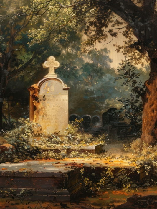 Gothic-style tombstone in a forest with trees and foliage