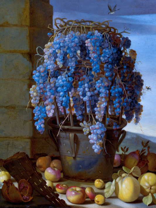 Still life painting with blue grapes in a basket and various fruits on a stone surface.