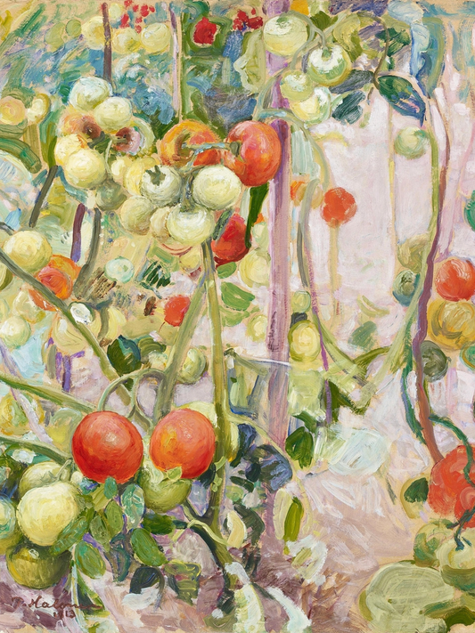 Painting of tomatoes on a vine with a window in the background